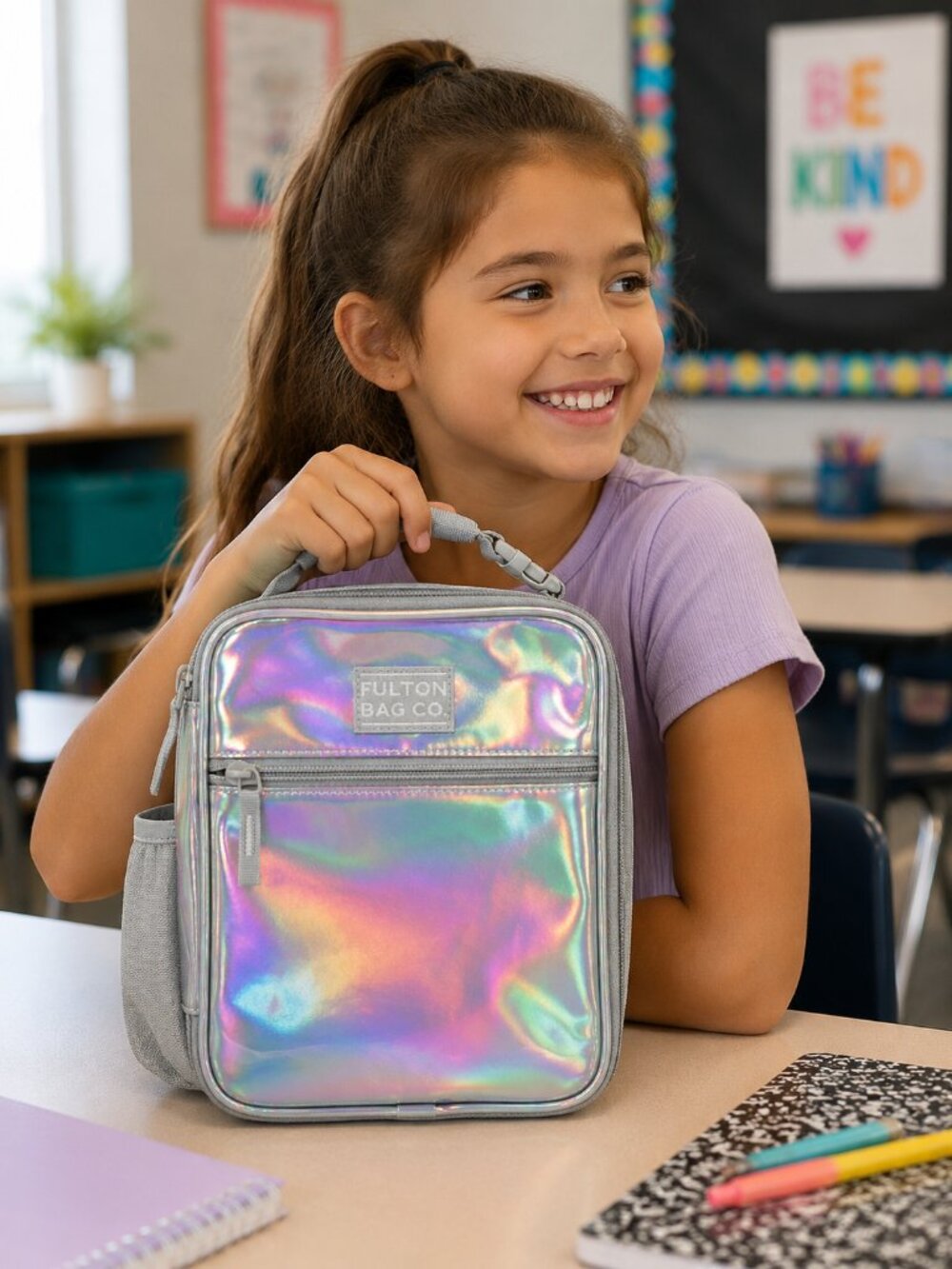 Fulton Bag Co Insulated Lunch Bag Holographic Silver Hard Liner Divider